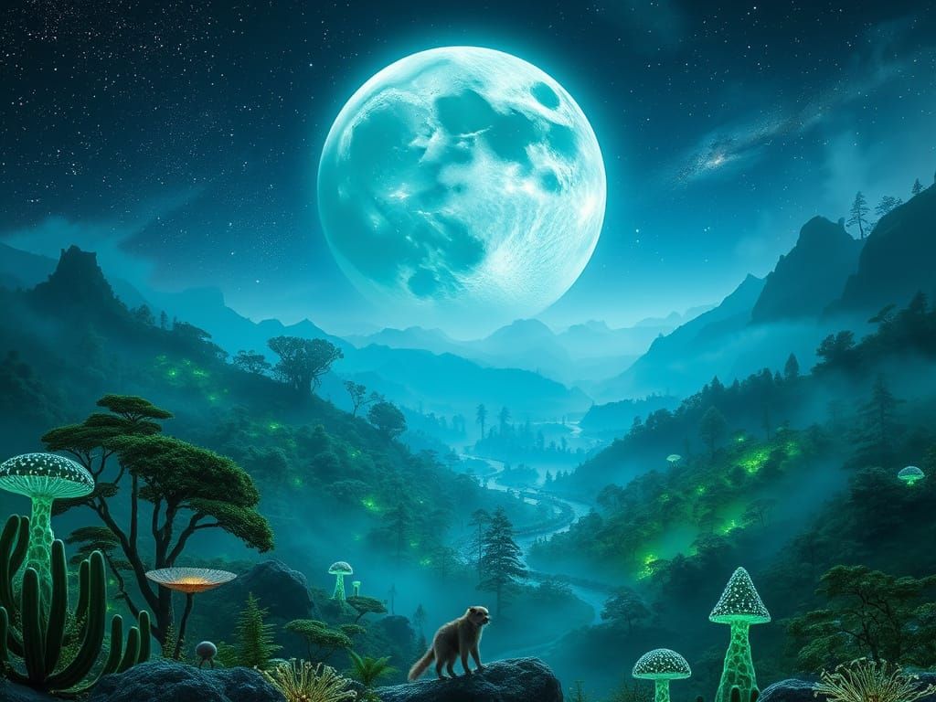 Alien Landscape with Bioluminescent Forest Moon