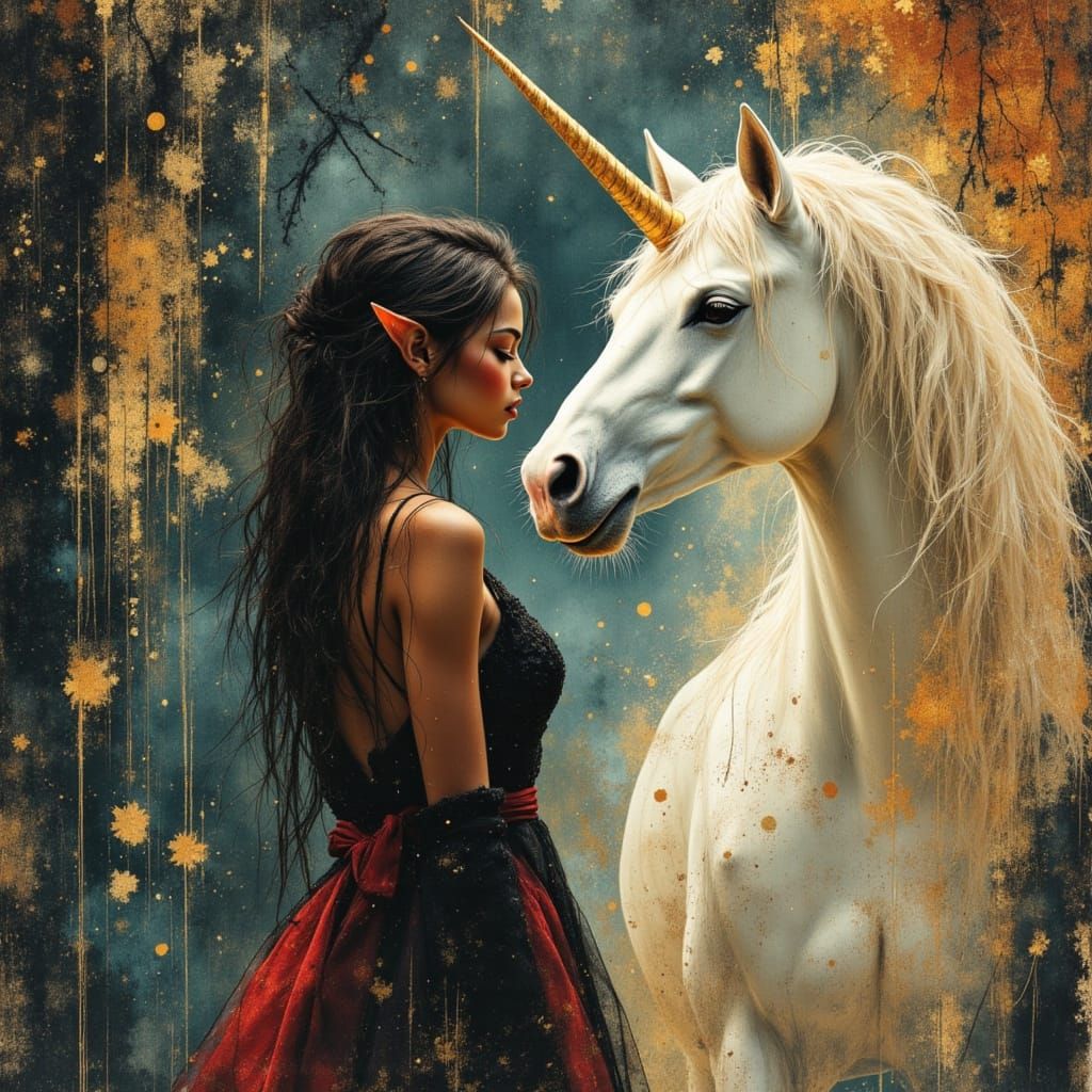 Elven Model Beside Unicorn in Haunted Forest