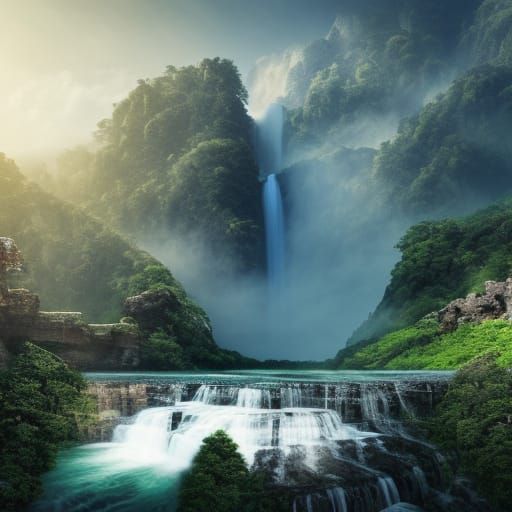Epic Multi-Level Waterfall: Digital Matte Painting