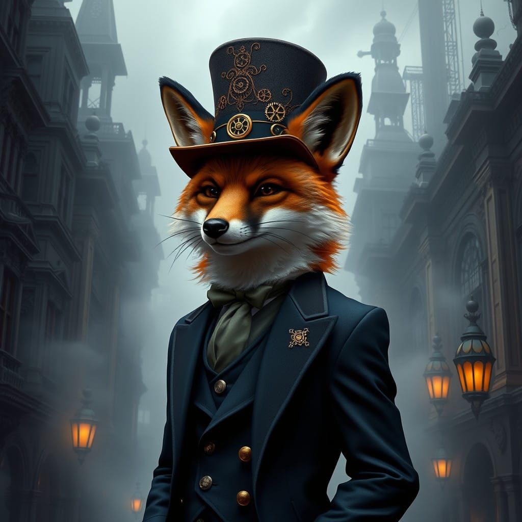 Steampunk Fox in Elegant Victorian Cityscape