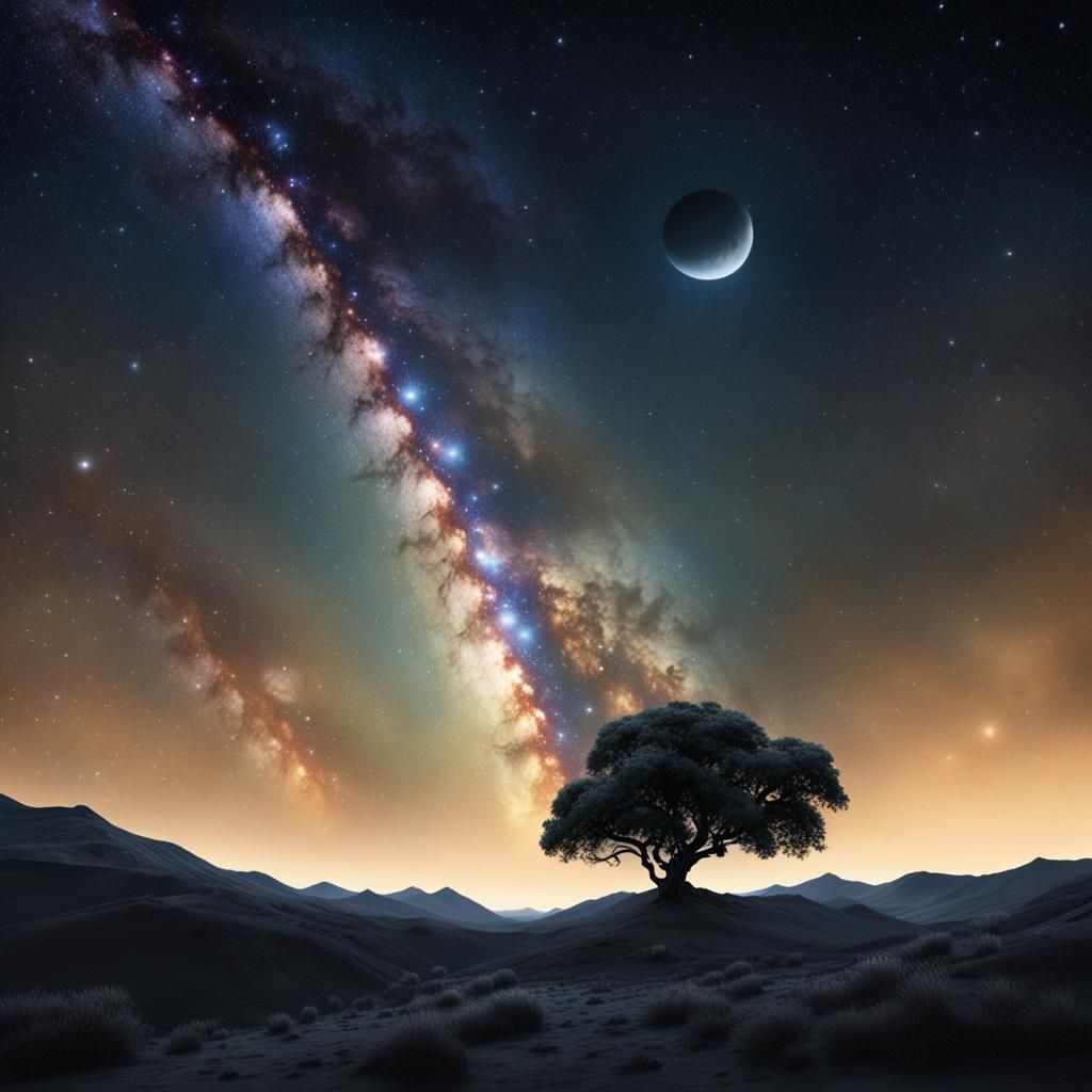 Spectacular Milky Way Under Crescent Moon: Digital Painting