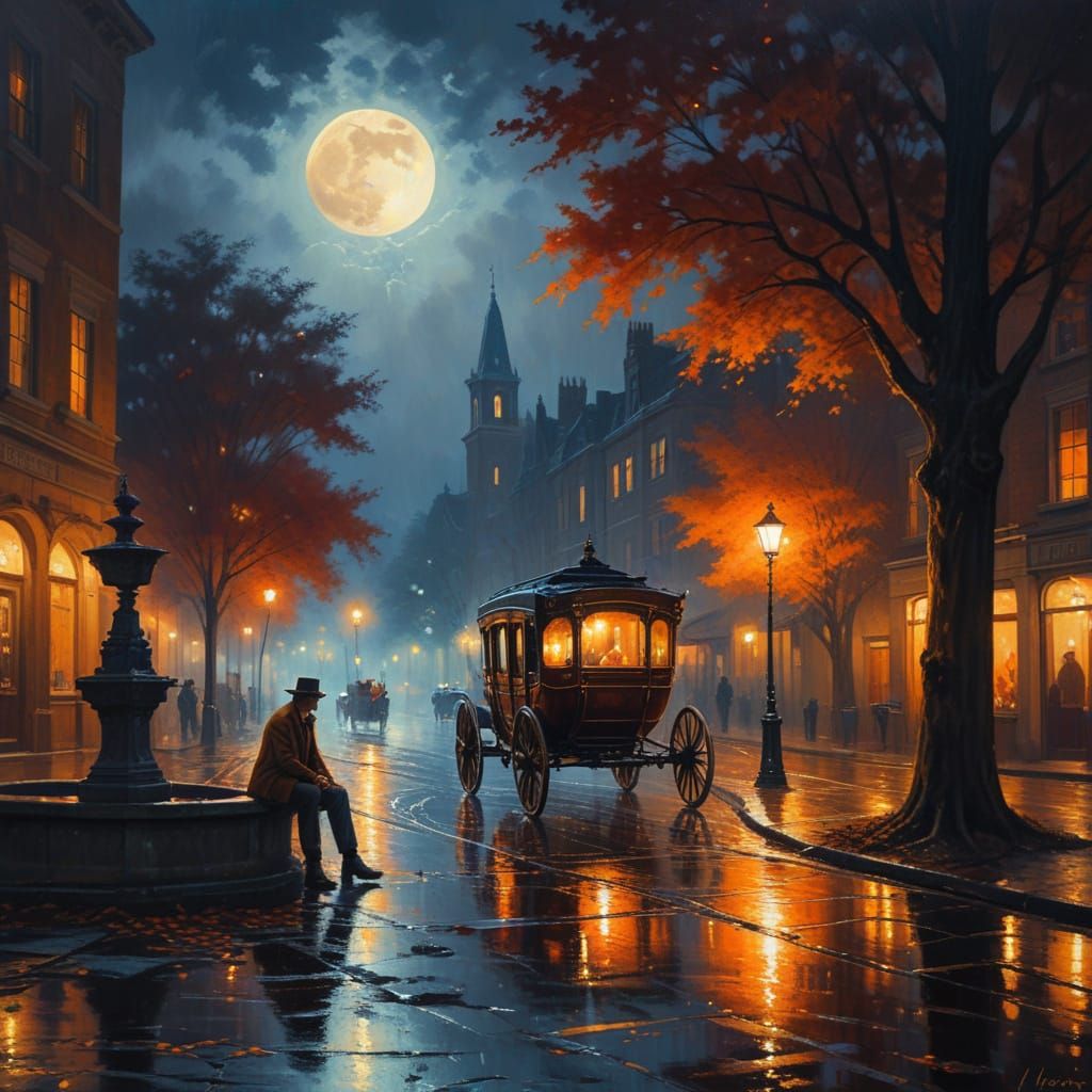 Contemplative Man and Moonlit Carriage in Realistic Style