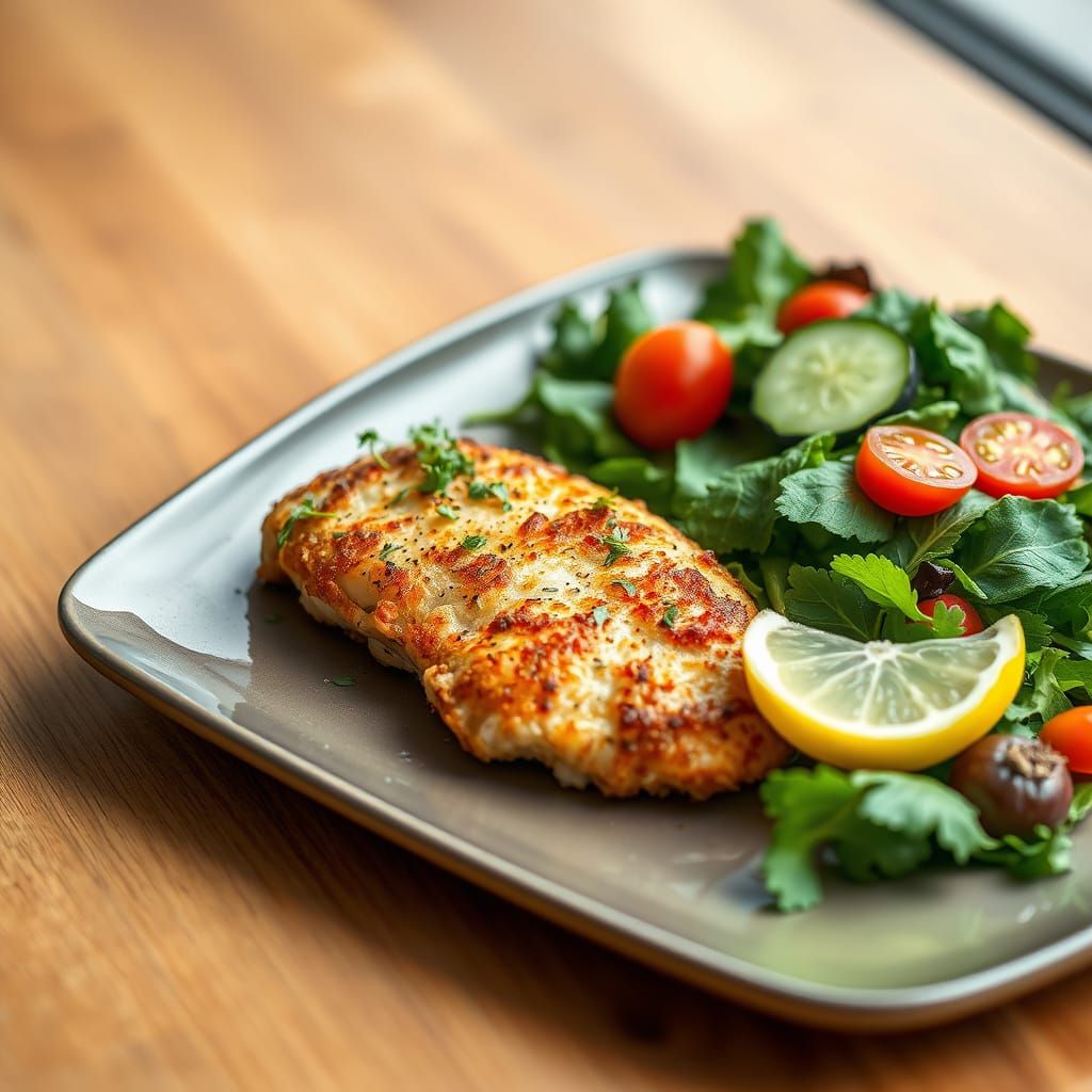 Crispy Chicken Pane on a Fresh Green Salad in Modern Style