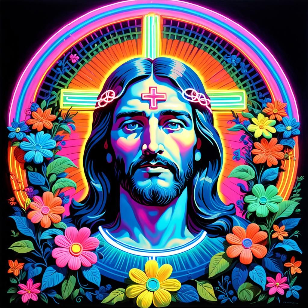Psychedelic Neon Jesus Christ in 1960s Style