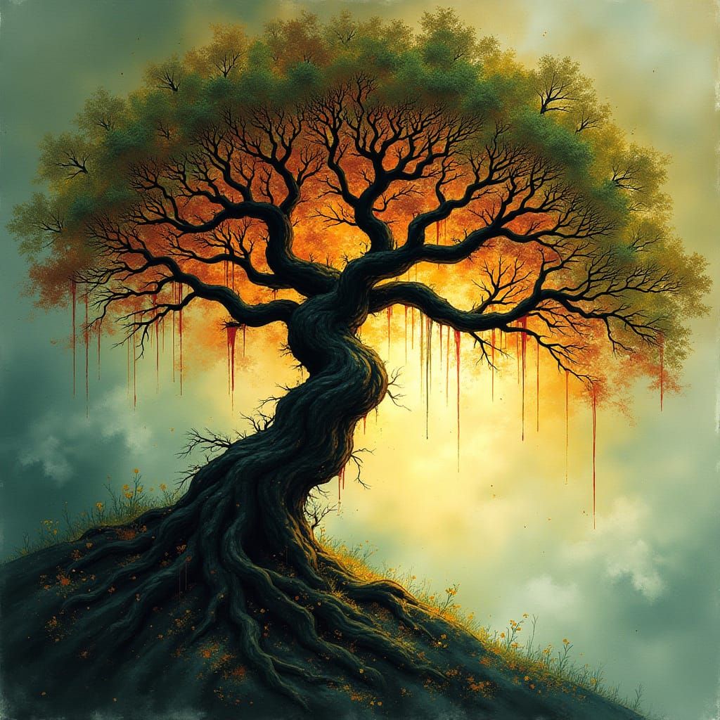 Surreal Banyan Tree of Life in Vibrant Japanese Ink Style