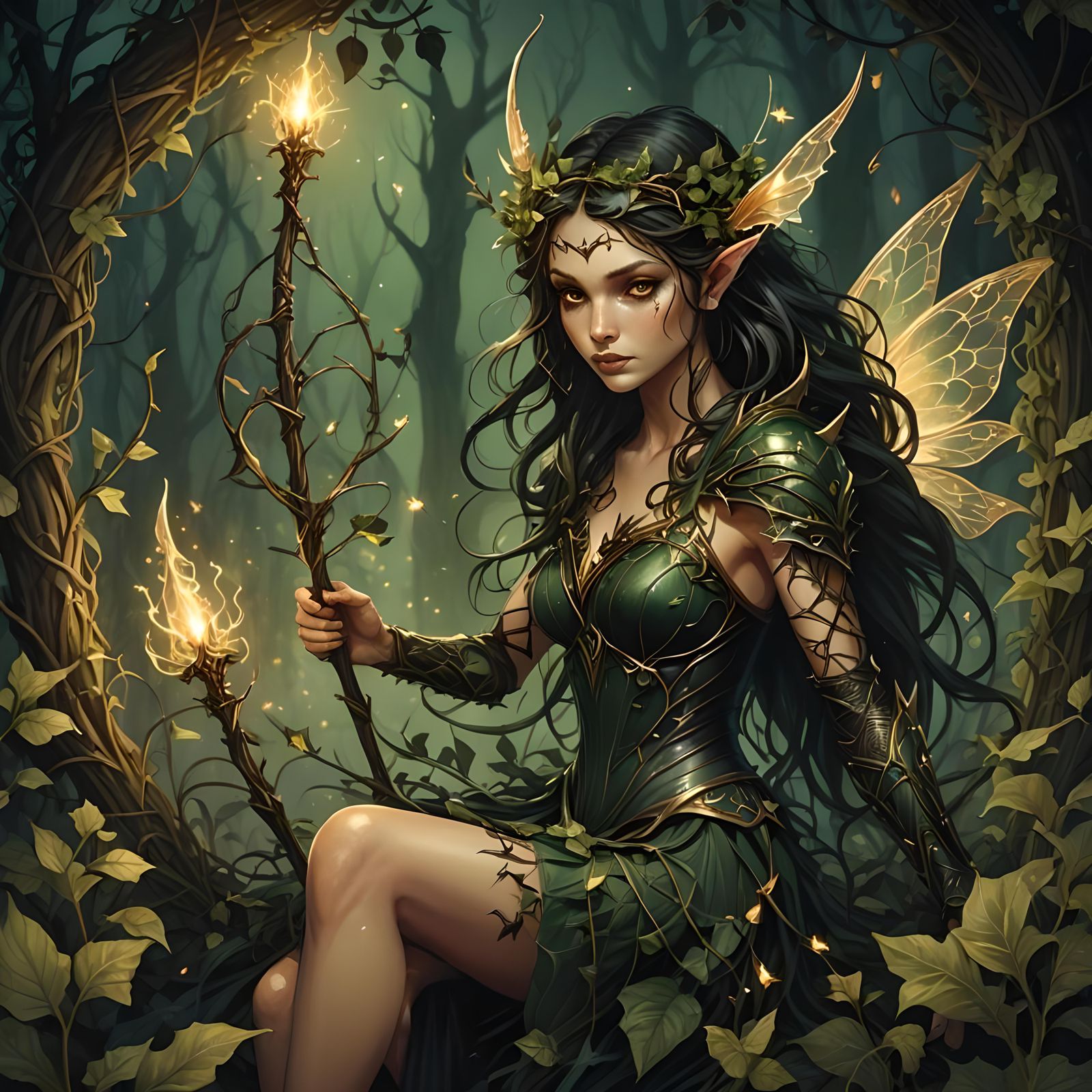 Dark Fairy with Trident in Ethereal Mist