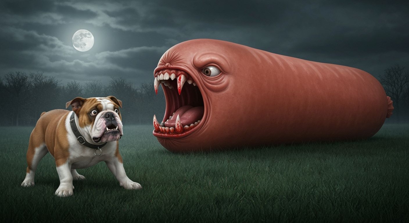 Terrified Bulldog Faces Nightmare Sausage Under Pale Moonlig...