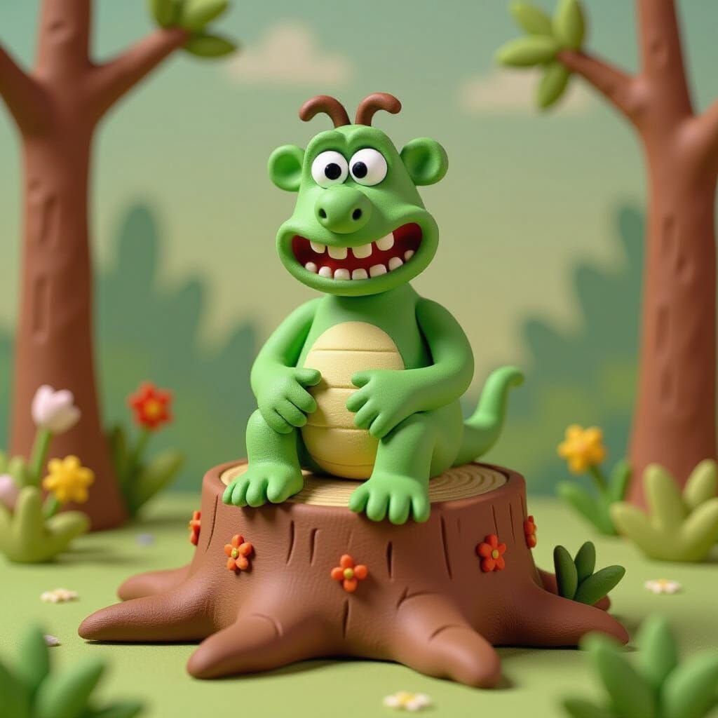 Charming Claymation Monster on Whimsical Tree Stump