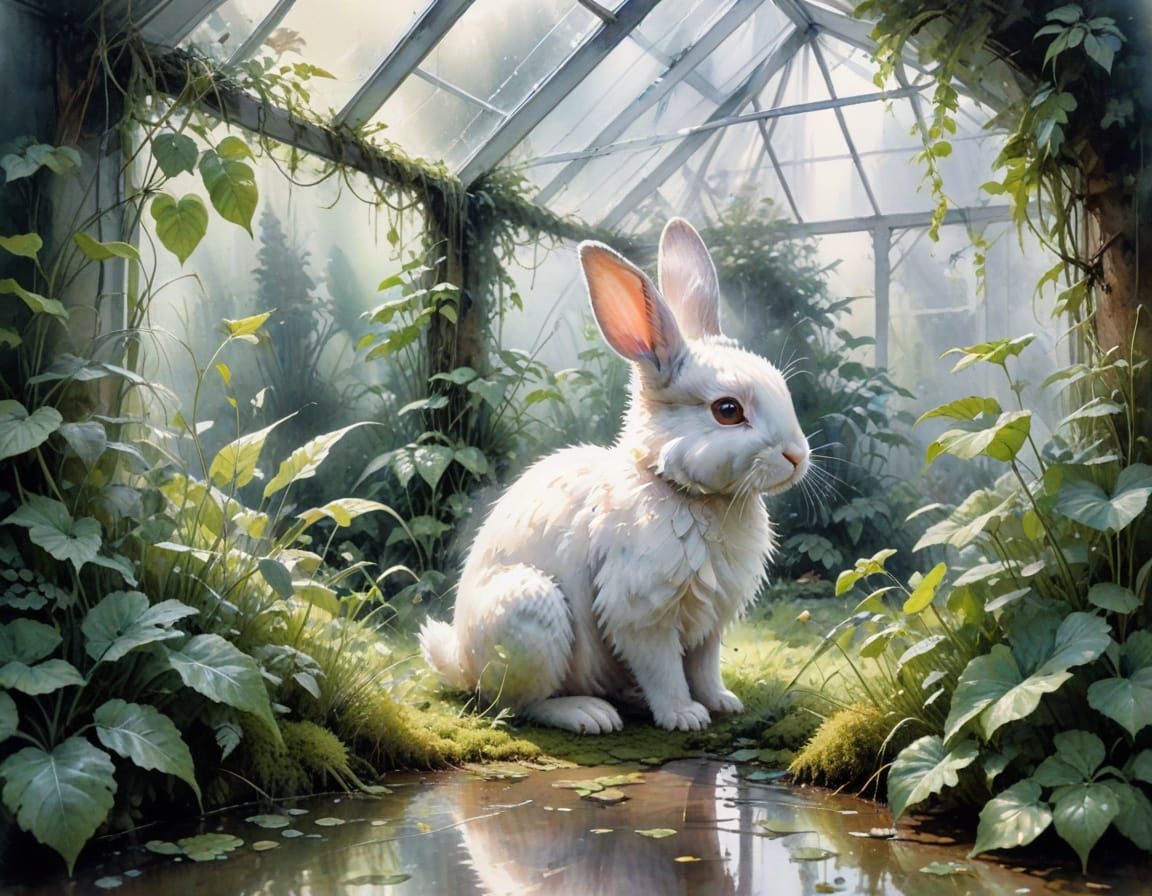 Chibi Bunny Gardener in Misty Greenhouse: Watercolour Art