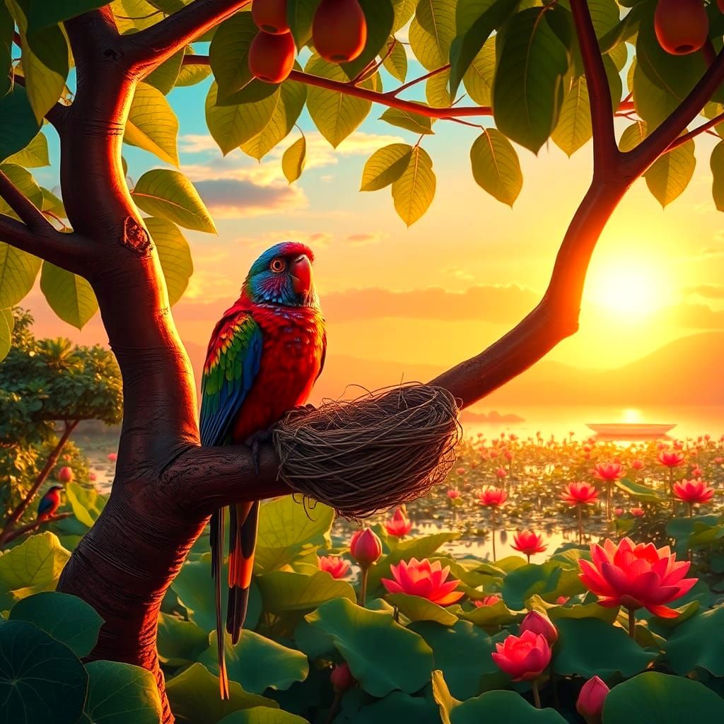 Colorful Birds at Sunrise: Fantasy Matte Painting