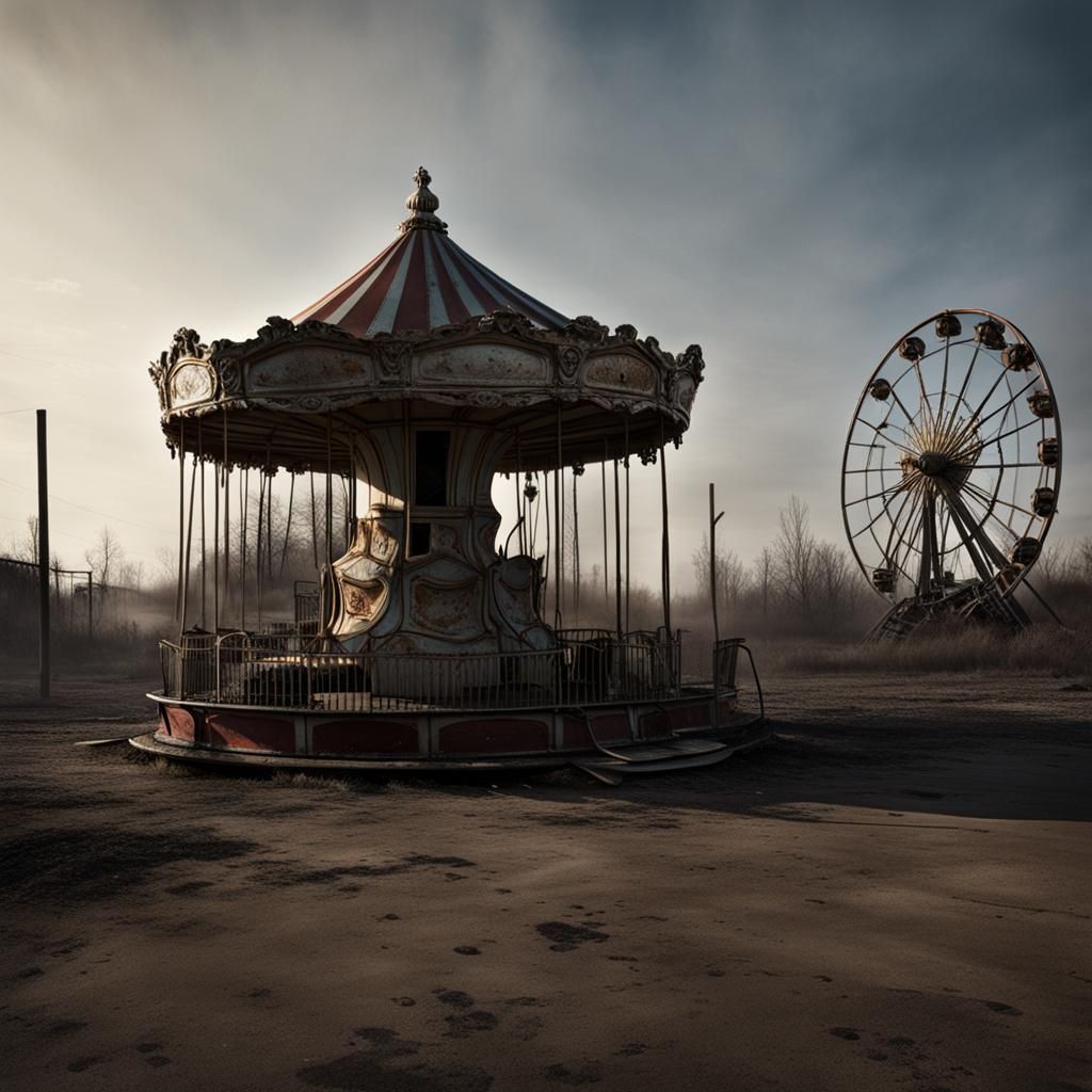 Dystopian Abandoned Merry-Go-Round in Post-Apocalyptic Fairg...