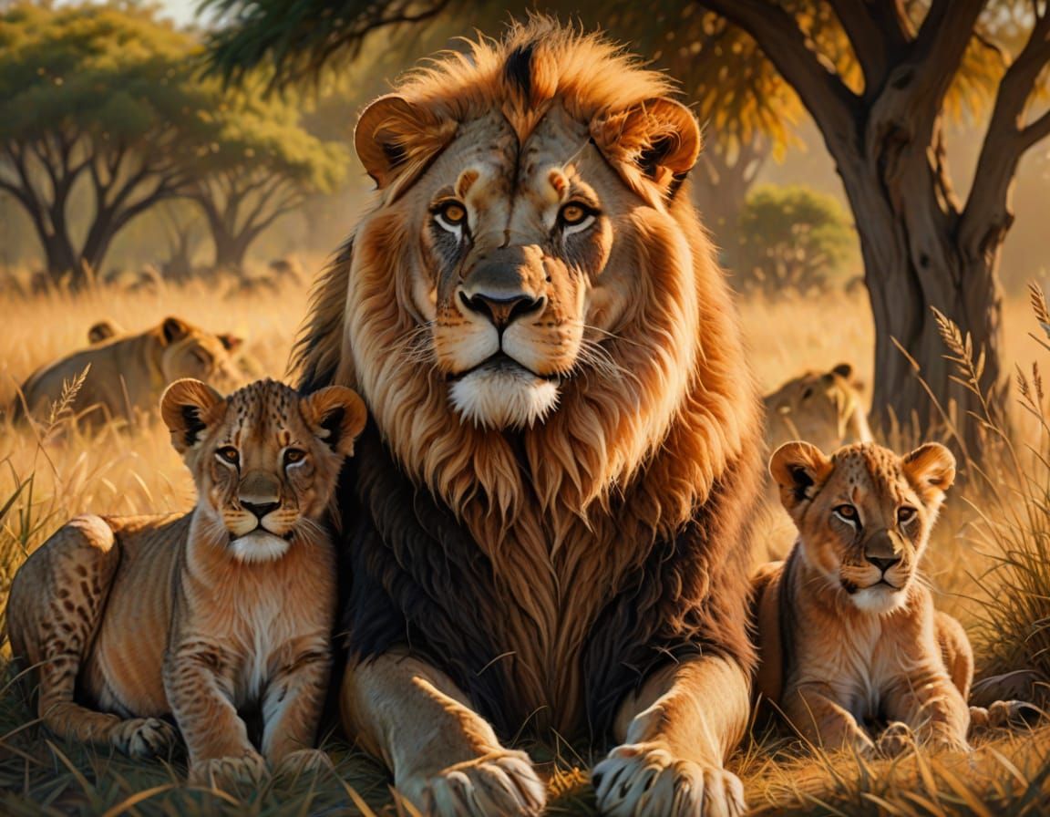 Majestic Lion Family Portrait in Golden Light