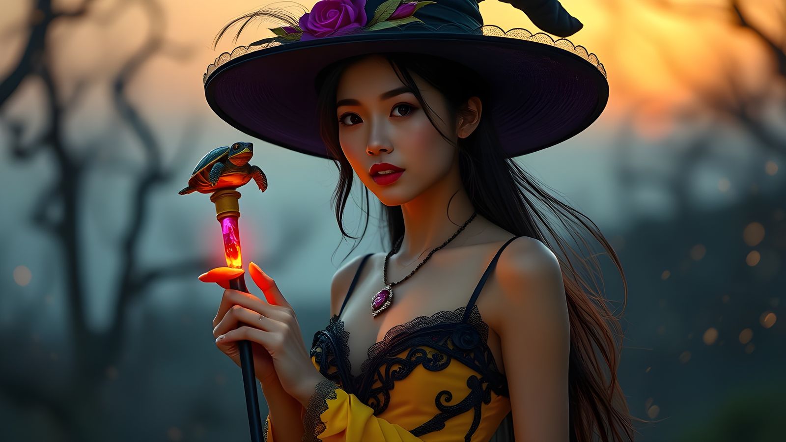 Gorgeous Asian Witch in Dusk Fantasy Environment
