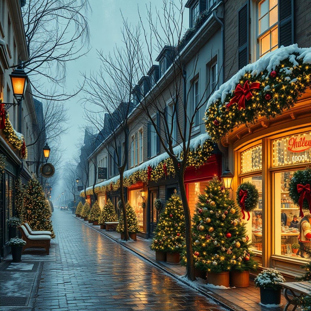 Snowy Street Scene with Enchanted Christmas Decorations