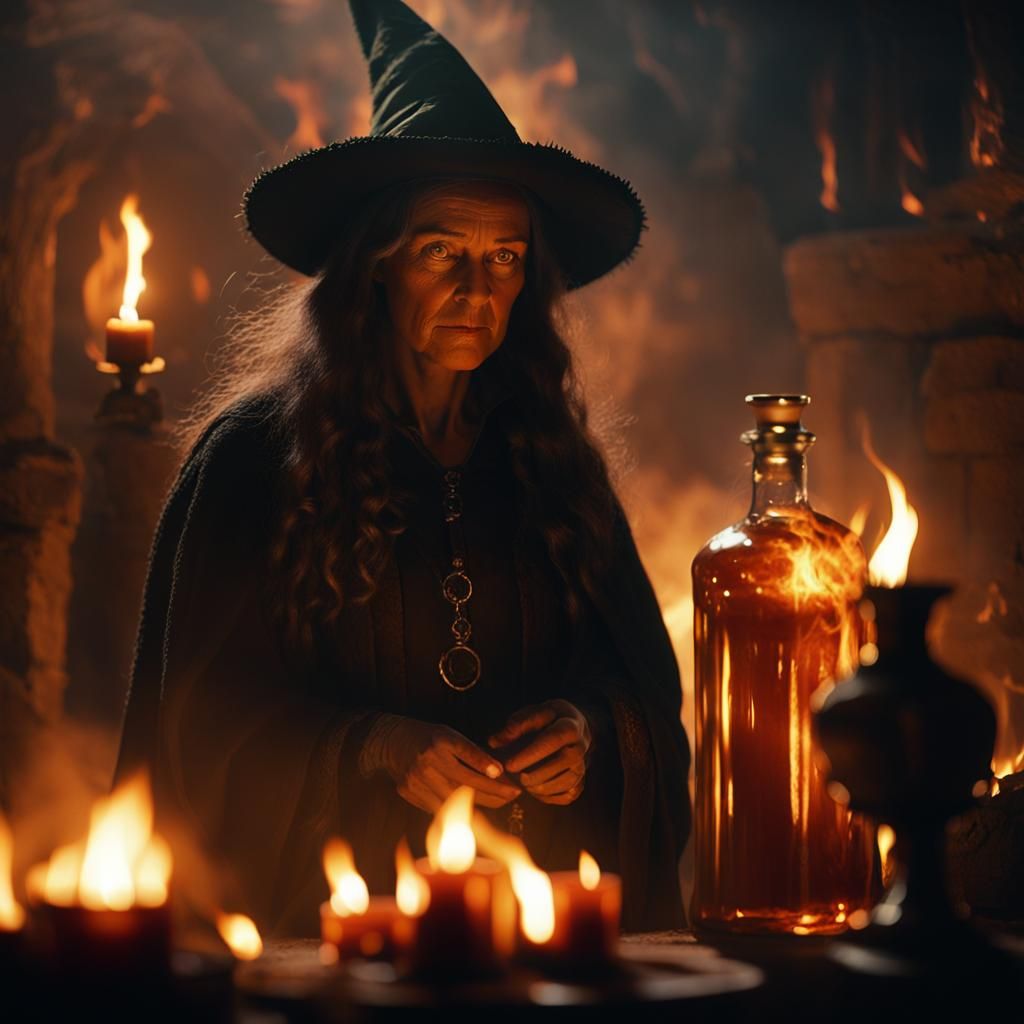 Cinematic Witch in Treasury with Flickering Flames