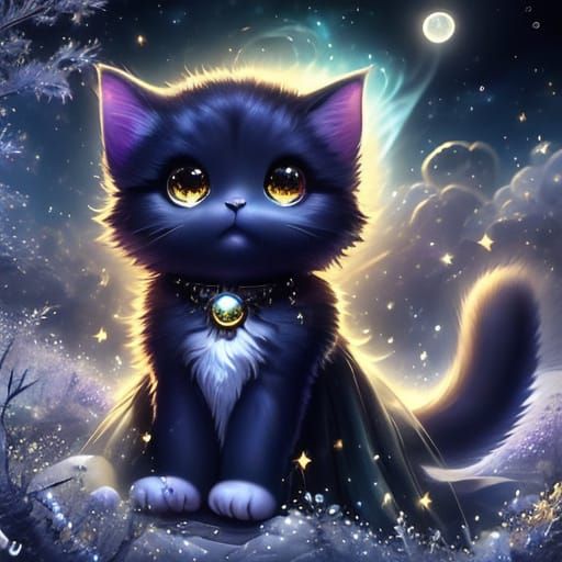 Cute Cat in Celestial Sky with Cosmic Glow and Planets