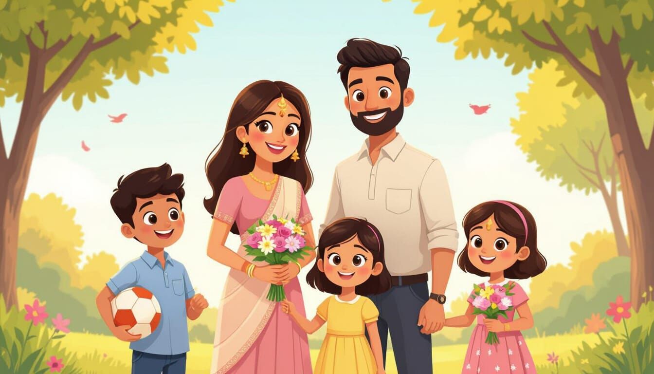 Joyful Indian Family Portrait in Digital Animation Style
