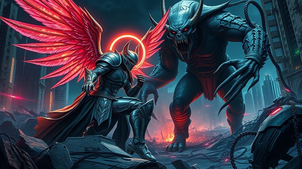 Angel Engages Fierce Combat Against Orc in Futuristic Landsc...