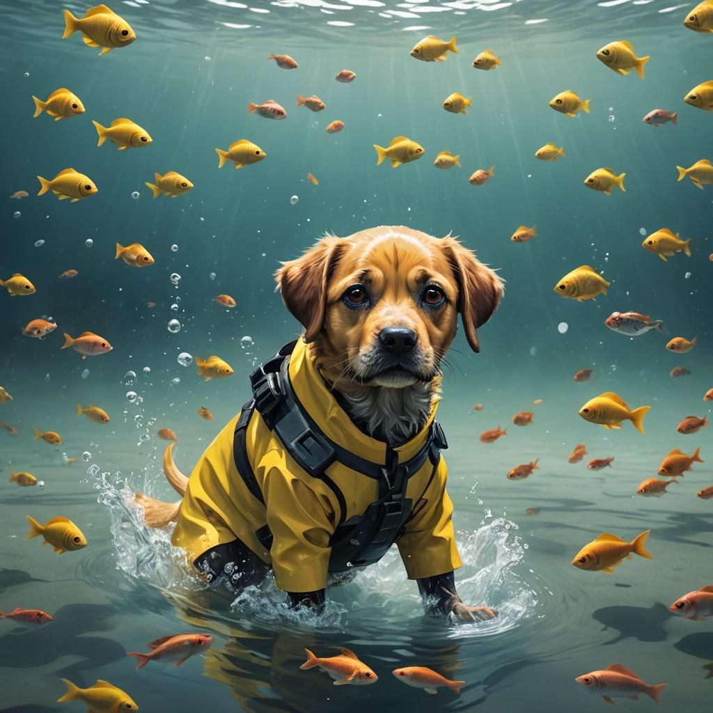 Puppy Snorkeler in Ocean, Digital Art