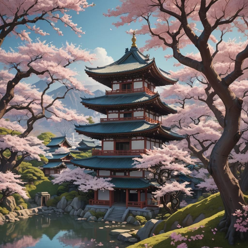 Ukiyo-E Temple Amidst Cherry Blossoms