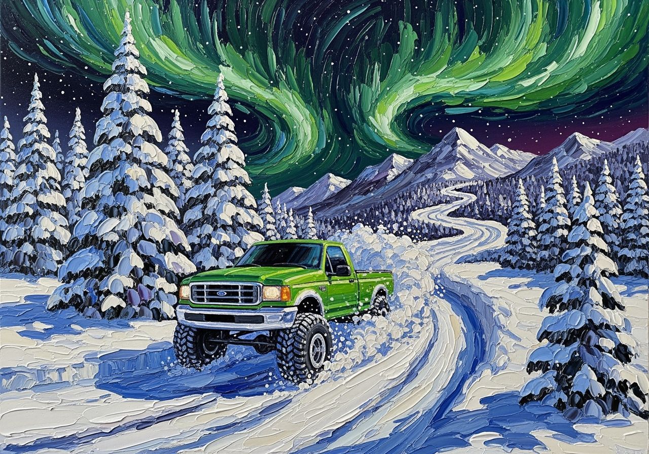 Green Ford Truck on Snowy Mountain Road