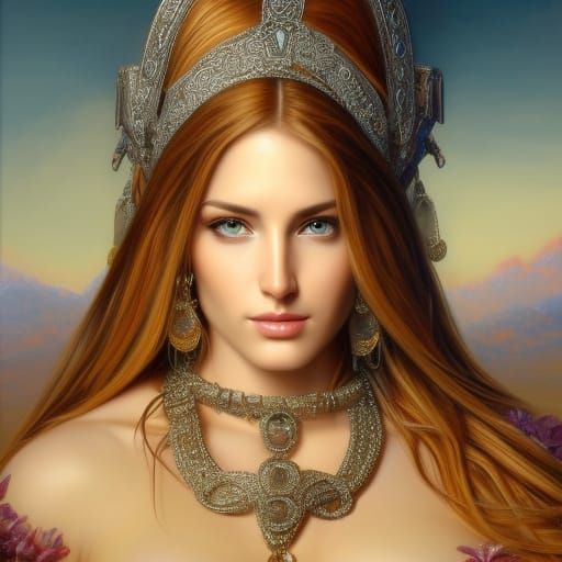 Goddess with Flowing Hair: Hyperdetailed Oil Painting