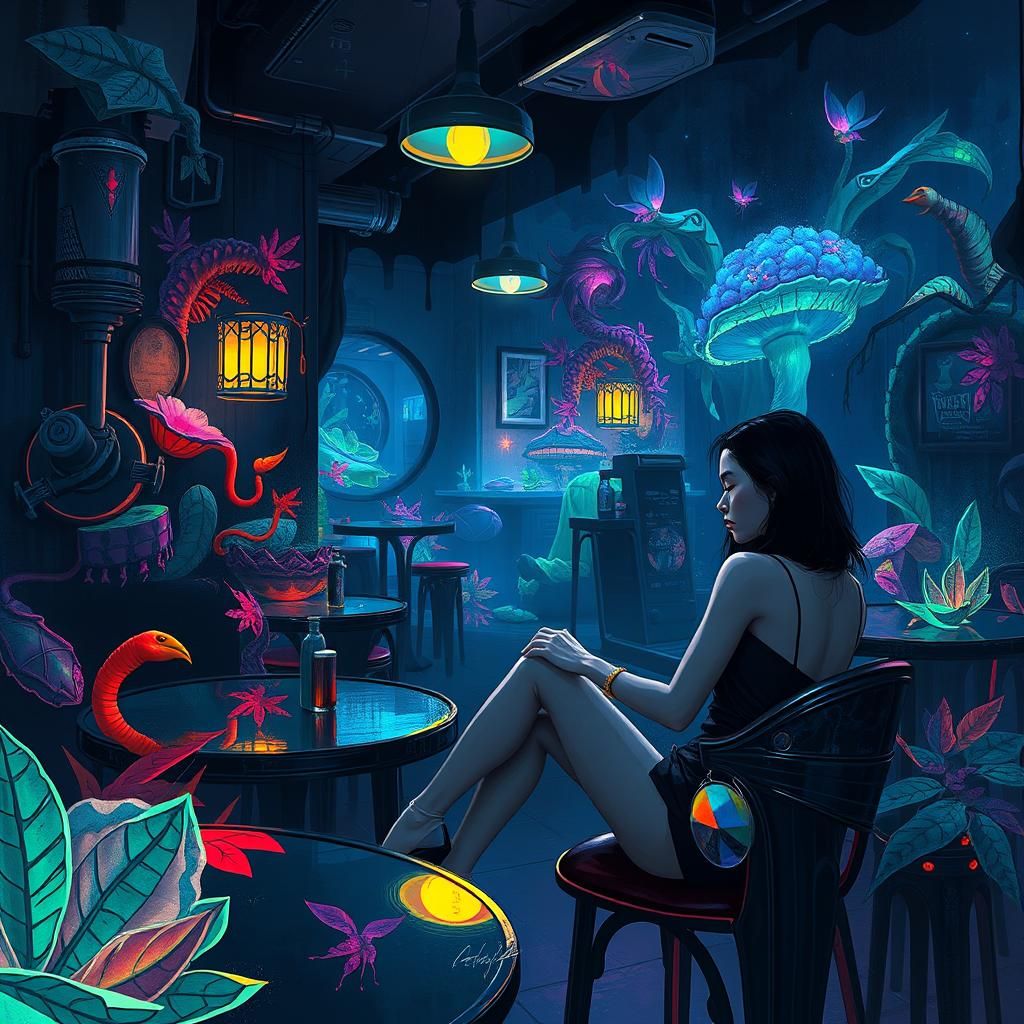 Futuristic Night Cafe: Bioluminescent Cyberpunk Art