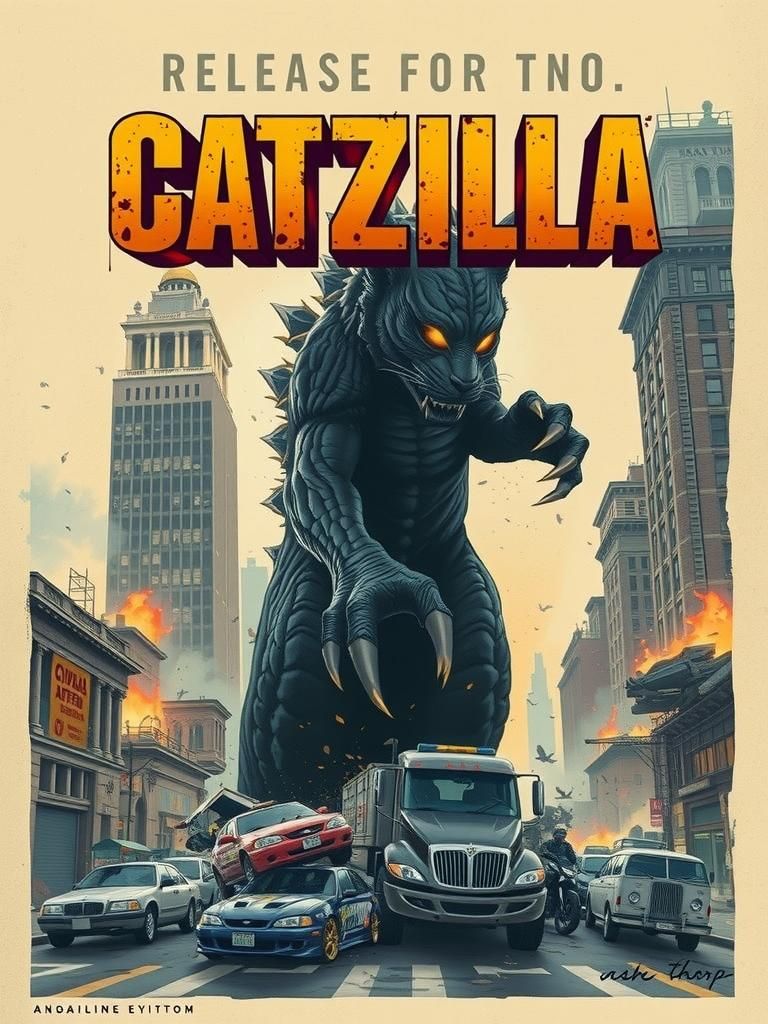 Catzilla Movie Poster: Manga-Horror Mixed Media Art