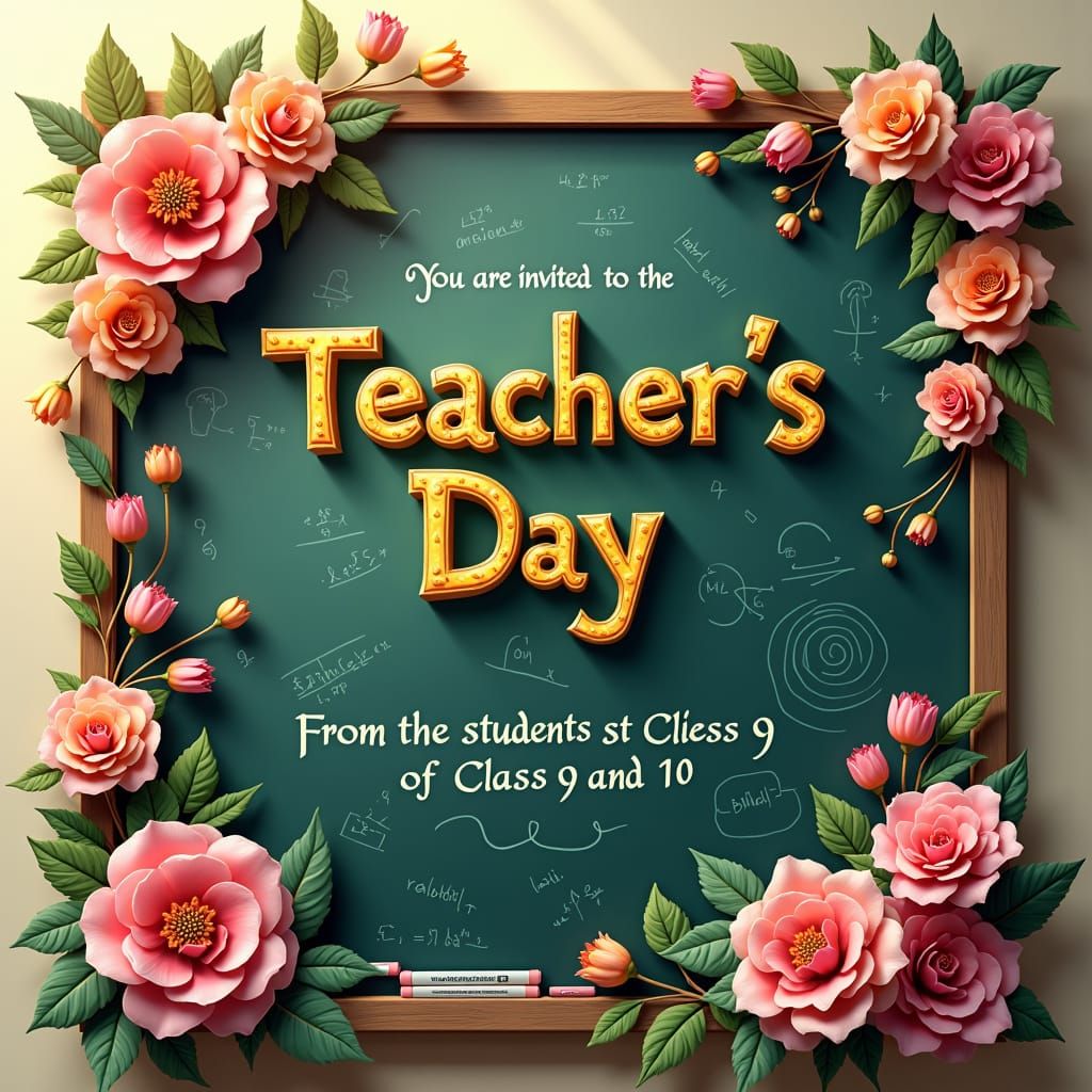 Teachers' Day Invitation Card with Floral Chalkboard Design