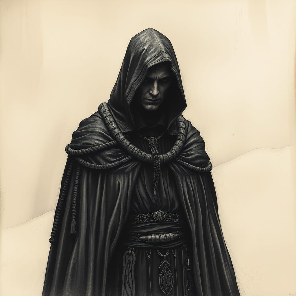 Mysterious Figure in Dark Attire: Charcoal Drawing