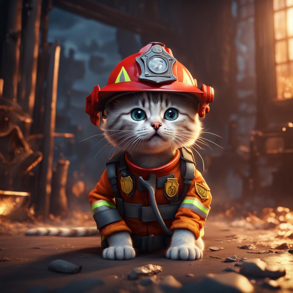Kitten Firefighter: Detailed Matte Painting