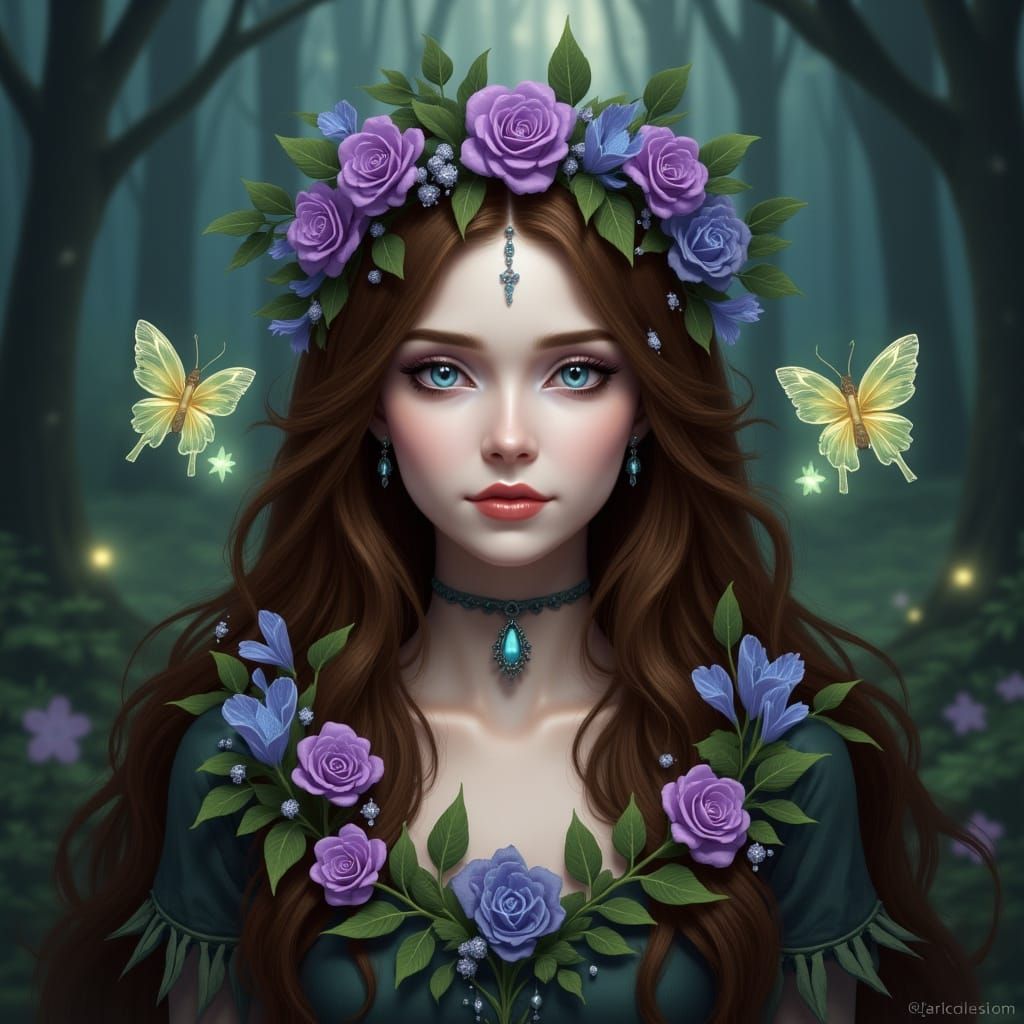 Ethereal Woman with Floral Wreath in Enchanted Forest