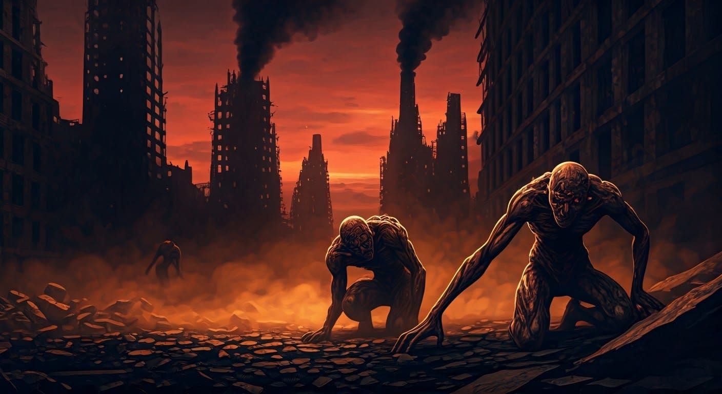 Dystopian Zombies Crouch in Ruined Street