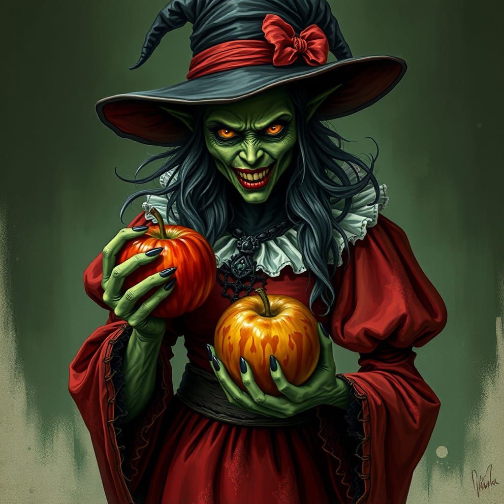 Encaustic Painting of a Malevolent Green Witch