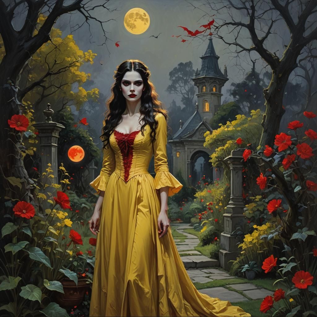 Vampire Woman in Yellow Gown, Oil Painting