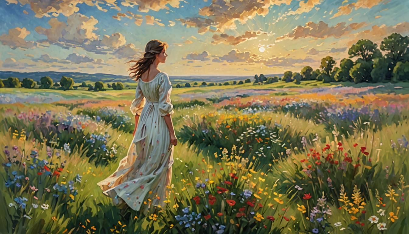 Impressionist Woman in Meadow of Wildflowers