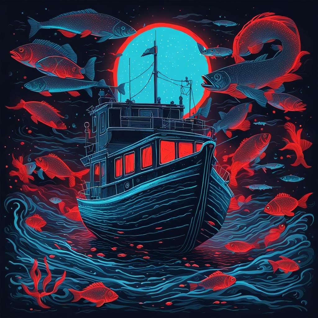 Neon Boat with Floating Fish Illustration