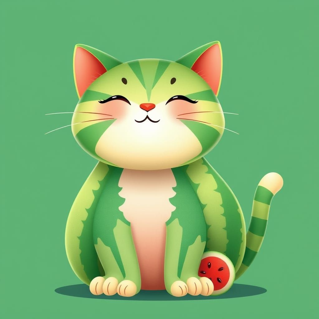 Whimsical Watermelon Cat with Mosaic Fur and Succulent Paws