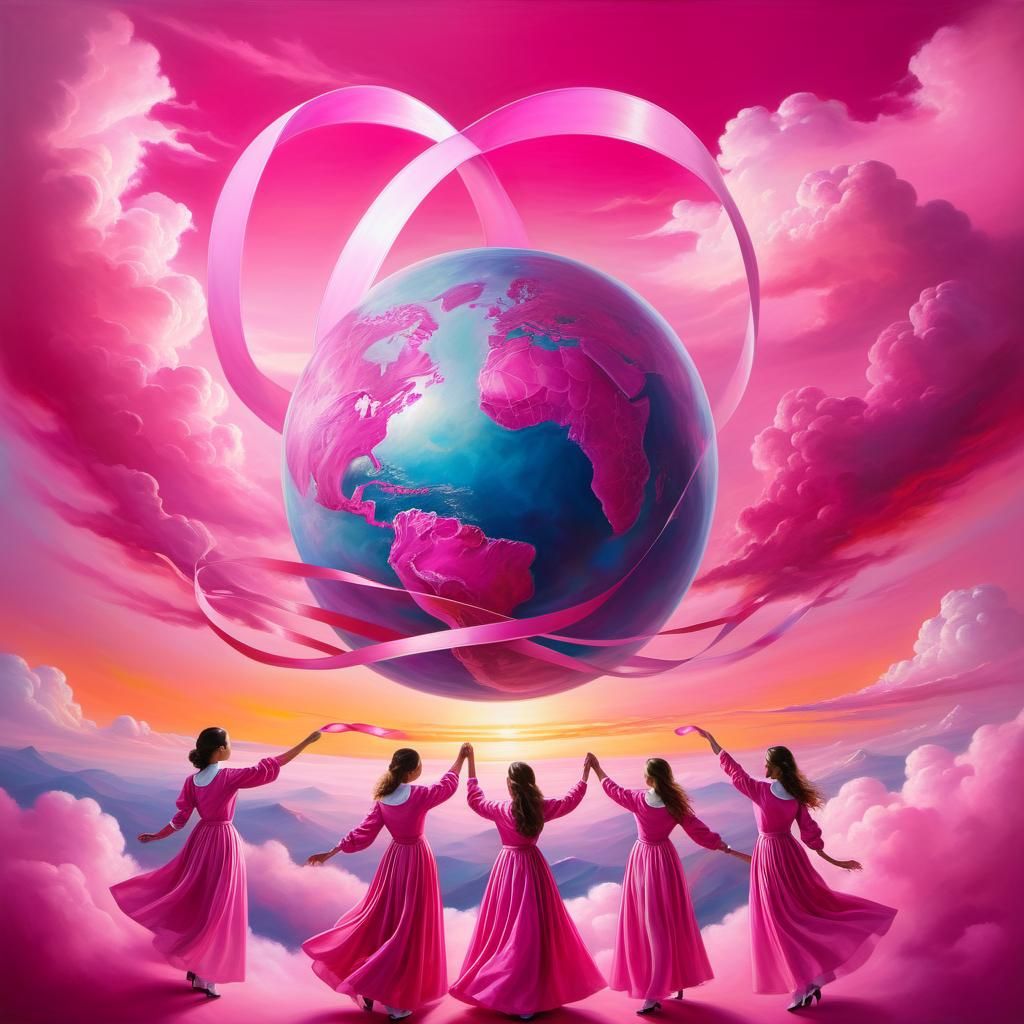 Pink Ribbon Around the World: Surrealist Oil Painting