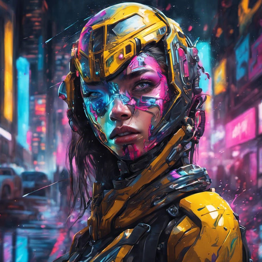 Cyborg Girl in Neon City: Graffiti Street Art