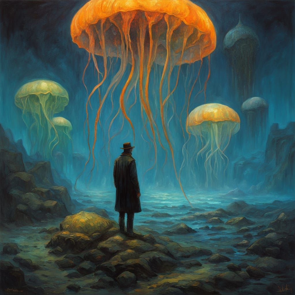 Ethereal Bioluminescent Jellyfish in Dark Fantasy Painting S...