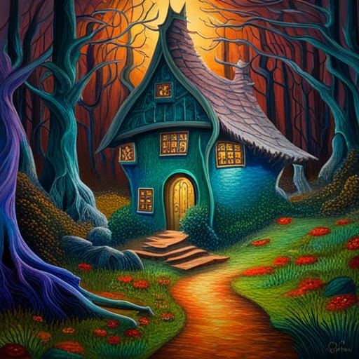 Dark Fantasy Witch's Cottage: Expressionist Oil Painting