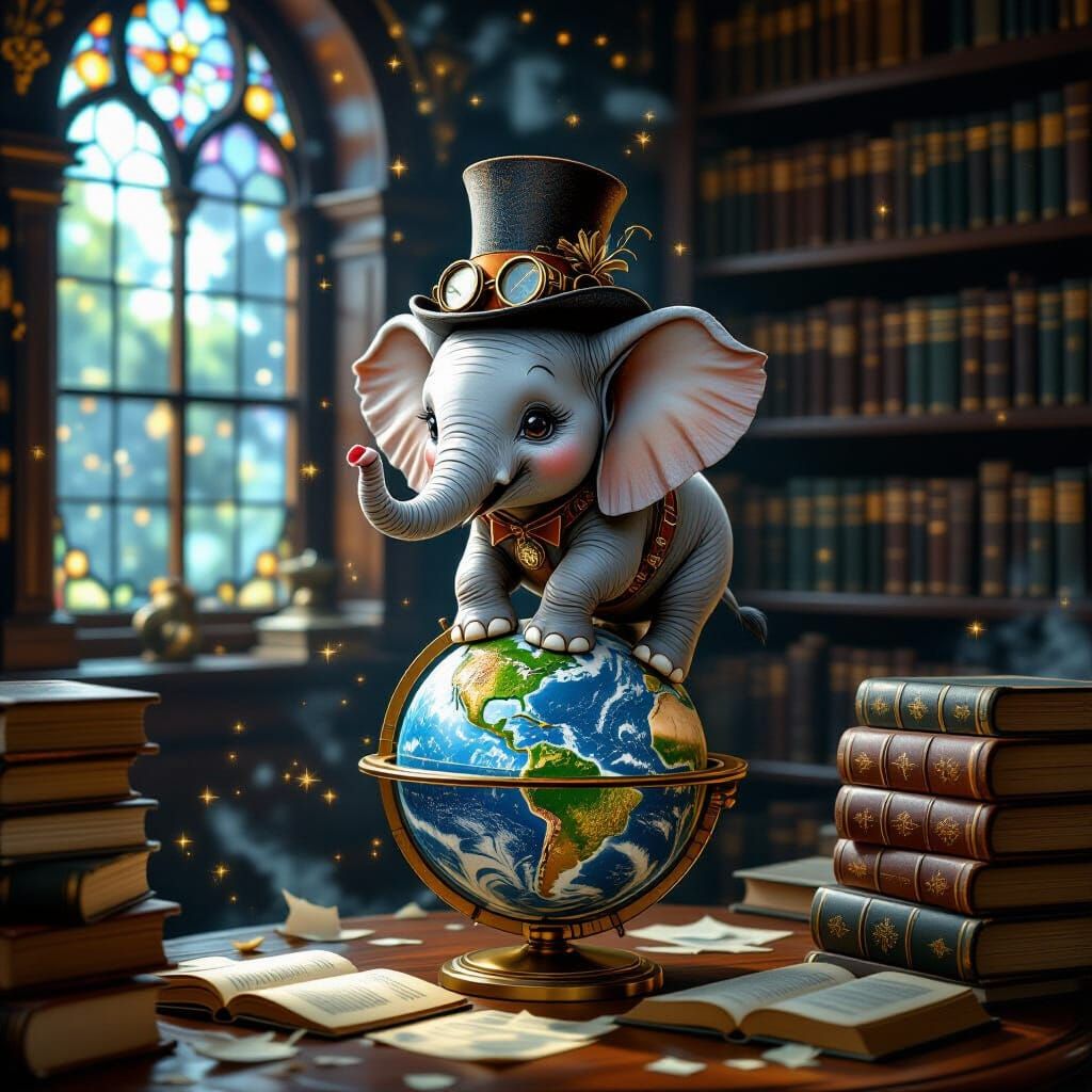 Steampunk Elephant on Globe with Antique Books