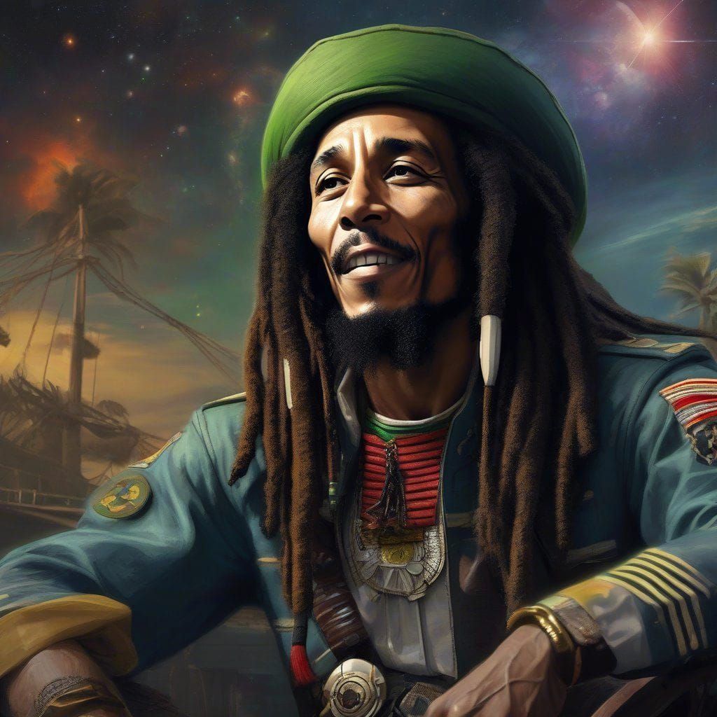 Portrait of bob Marley as Space Pirate Captain Harlock from disney movie "Pirates of the space".  Intricate _details. El...