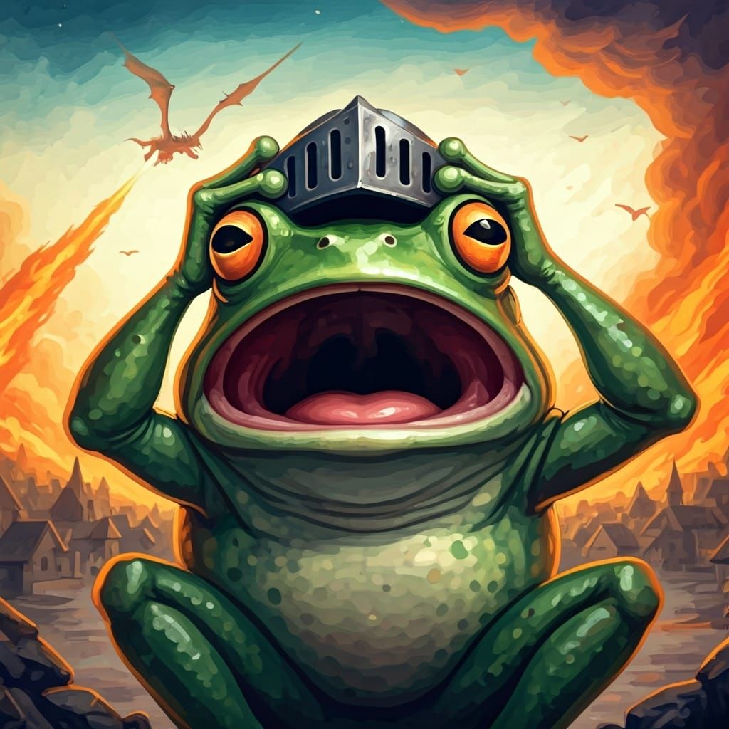 Surprised Frog Knight Dragon Attack Watercolor Painting