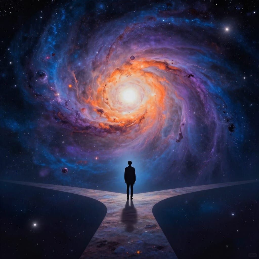 Cosmic Crossroads: Figure Gazes into Nebula