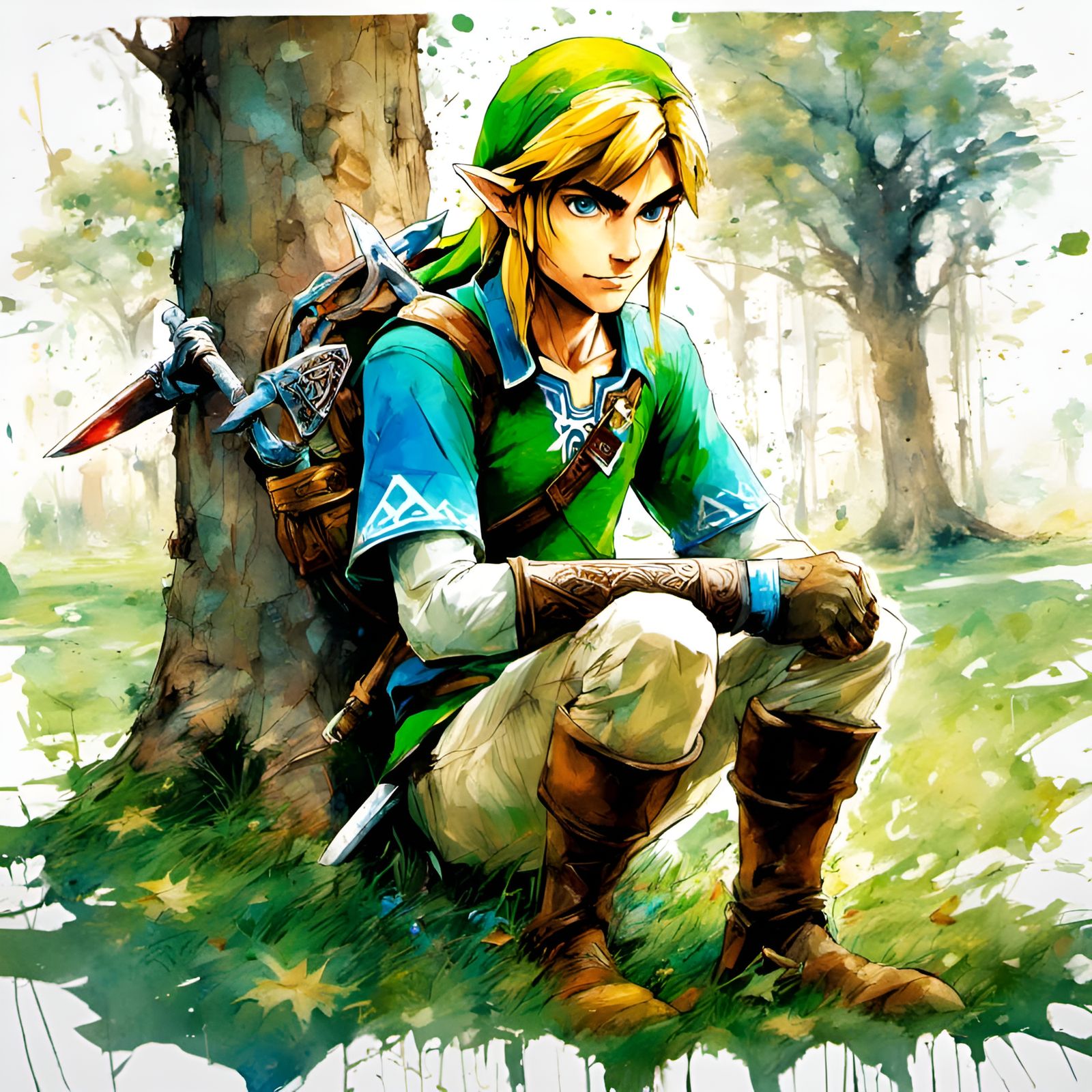 Link in the Park: Watercolor and Ink Illustration