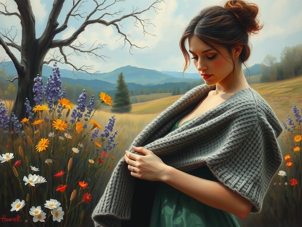 Romantic Oil Painting of Woman in Spring Landscape