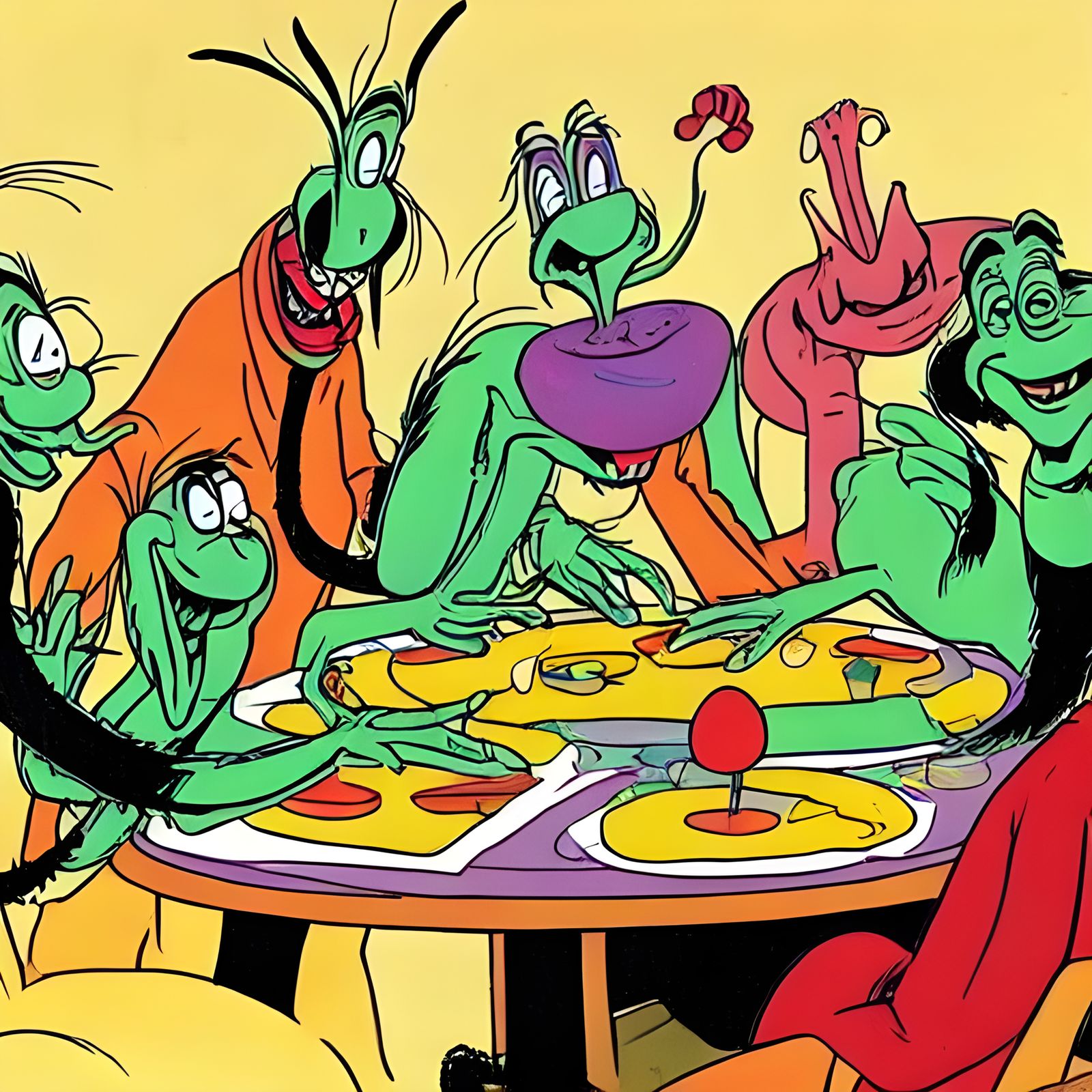 Fantastic Creatures at a Table, in Cartoon Style