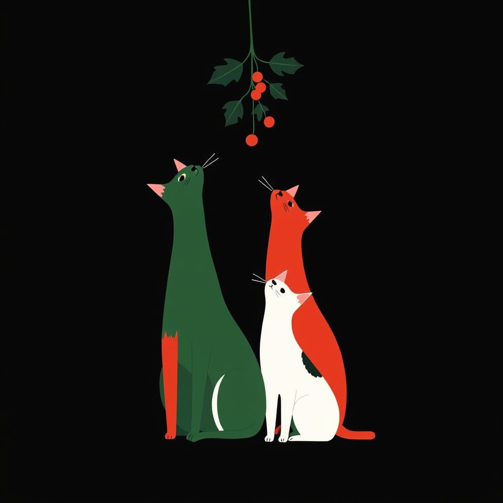 Modernist Feline Trio Under Mistletoe